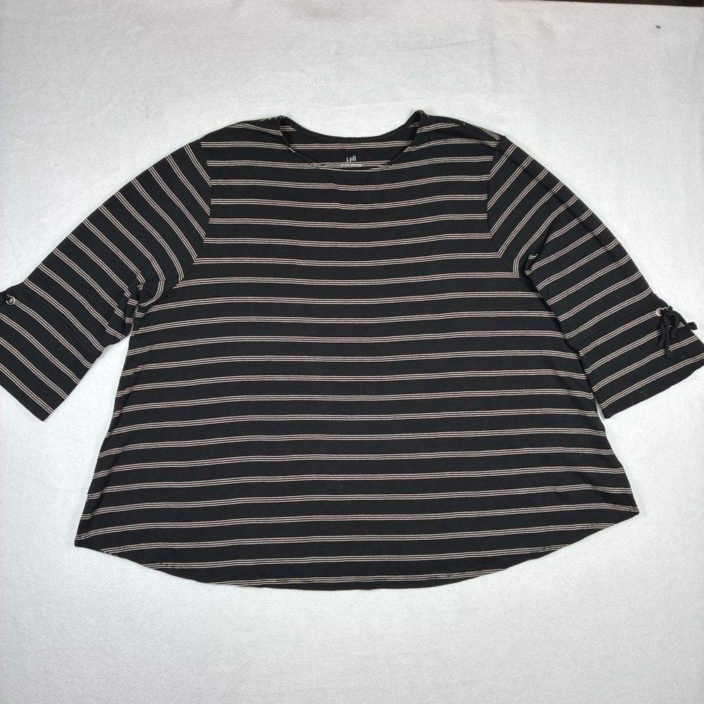 J. Jill Women’s Pima Cotton T-Shirt 3x Black Striped Round Neck 3/4 Tie-Sleeve